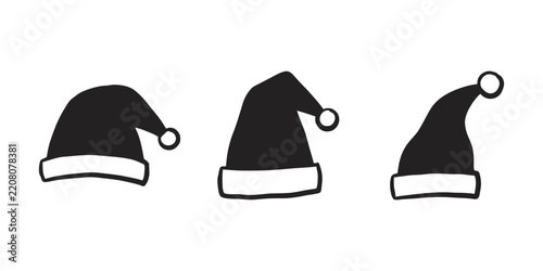 A charming black and white illustration showcases three festive santa hats each with a delightful fluffy brim and a playful dangling pompom