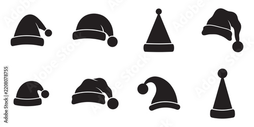 A delightful collection of black silhouette santa hats representing the joyous spirit of christmas and winter holidays perfect for festive designs and