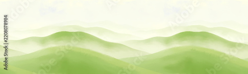 A summer or spring rural landscape with hills under blue sky and clouds. Digital watercolor illustration. Seamless background border, view of foliage and greenery on slope stretching into the horizon.
