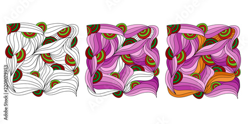 set of abstract hand drawn square ornaments with wavy lines and colorful circular elements, decorative zen doodle collection
