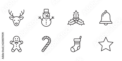A delightful collection of hand drawn christmas icons depicting classic holiday symbols including reindeer snowmen holly bells gingerbread men candy canes stockings