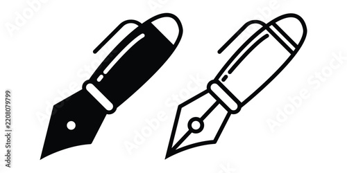 Fountain pen writing instruments with nib and ink symbol, handwriting, calligraphy, signature and creative writing vector icon set