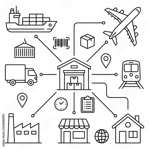 Global Logistics and Transportation Network with Ships, Trucks, and Trains