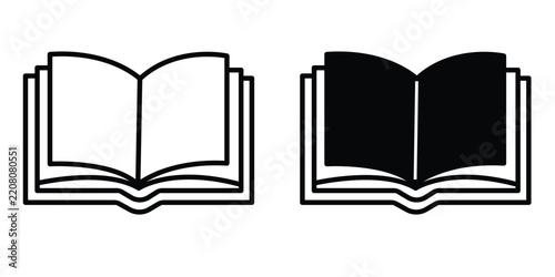 Open book for reading, education and knowledge, literature, learning, study, textbook and academic concept vector icon set