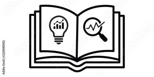 Open book with light bulb idea and research symbol, education, knowledge, innovation, creative thinking and learning vector icon
