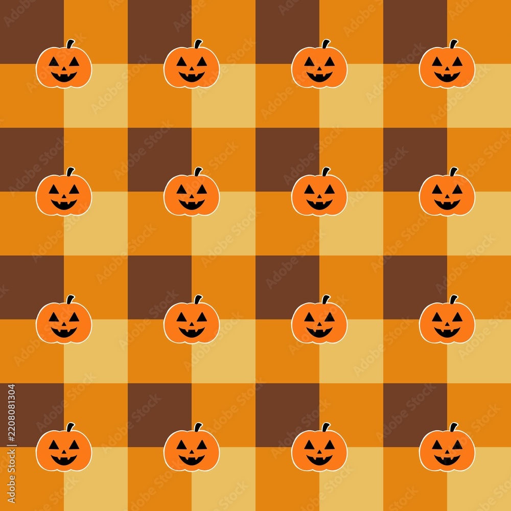 Obraz premium Halloween seamless pattern, jack o lantern pumpkin on orange and brown plaid tartan background.