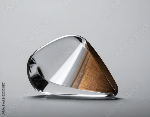 Reflective chrome guitar pick on neutral background
