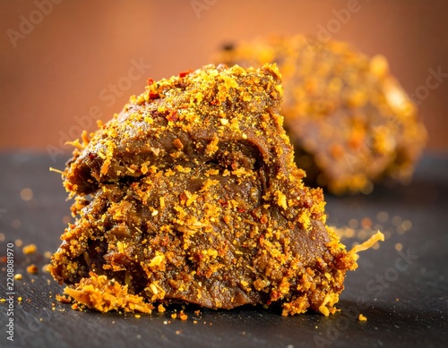 Single large chunk of spiced meat with focus.