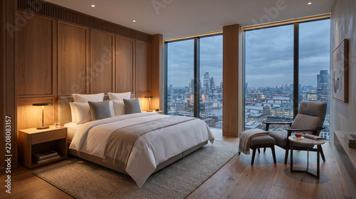 Modern luxury hotel suite with city skyline view and minimalist