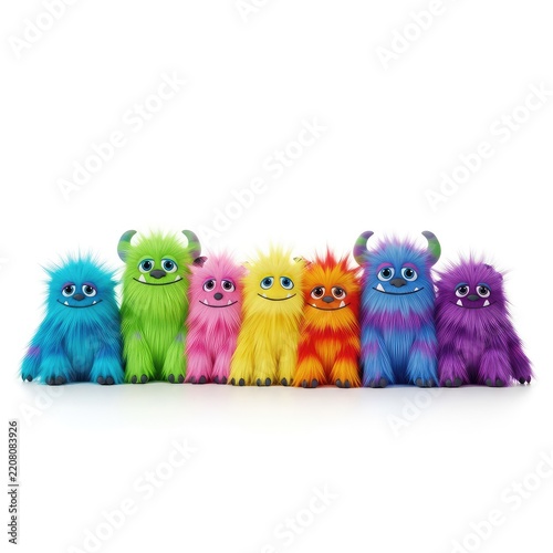 Six cute fuzzy monsters with vibrant colorful fur and cheerful expressions sit together in a row against a clean white background, adorable, monster, fuzzy