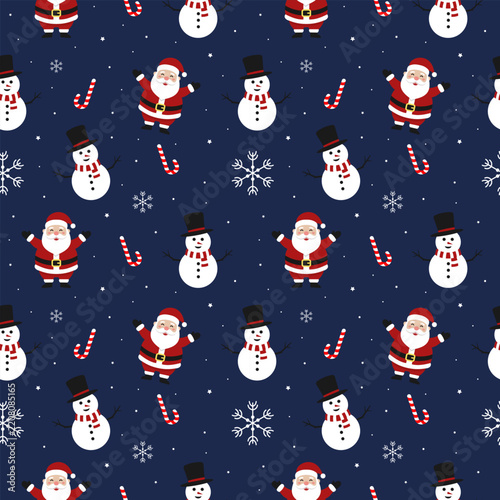 Seamless Christmas Pattern with Santa Snowman Candy Cane Snowflakes