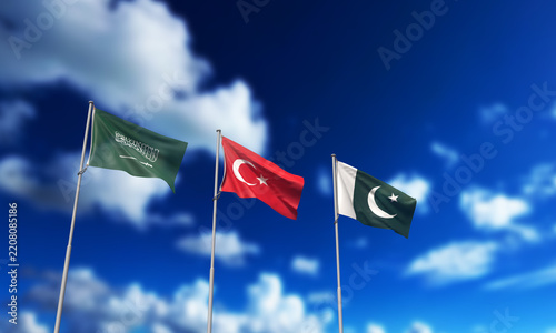 saudi arabia turke pakistan country national flag blue sky cloudy background wallpaper copy space middle iran houthis sria israel crude oil energy power irak iran saudi arabia trkey pakistan border 
