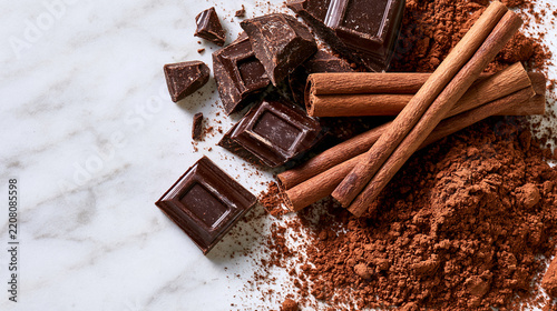 Cocoa Powder Chocolate and Cinnamon on Marble, Winter Food Flat Lay