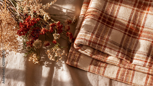 Plaid Blanket and Dried Flowers on Linen Cloth, Cozy Autumn Lifestyle Flat Lay