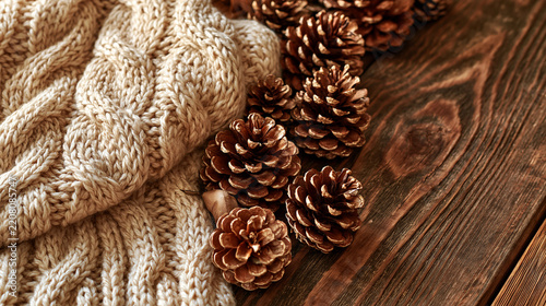 Folded Knit Sweater and Pine Cones on Wooden Table, Cozy Autumn Lifestyle Flat Lay