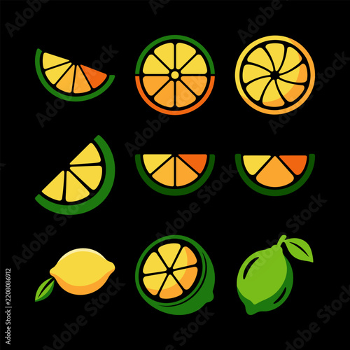 A collection of stylized vector icons representing various citrus fruits including lemon and lime slices wedges and whole pieces with leaves