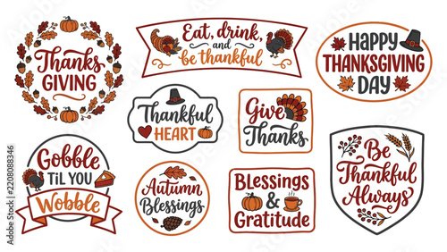 Happy thanksgiving vector stickers set with autumn illustrations
