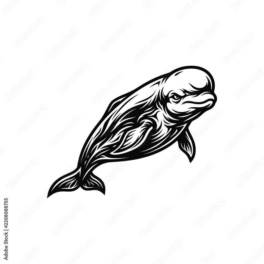 Fototapeta premium Black and white illustration of a tough looking beluga whale swimming in a cool mascot style
