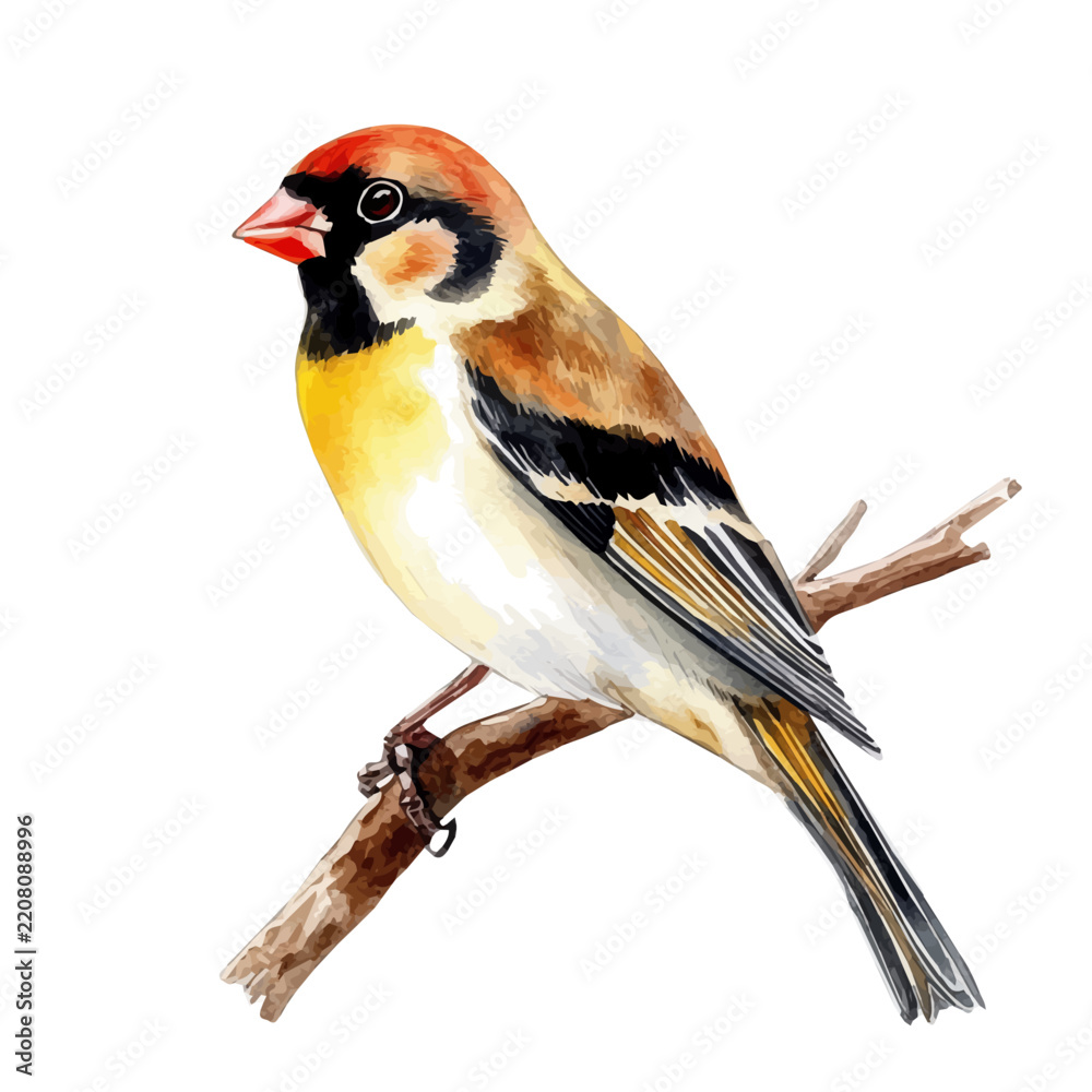Fototapeta premium High-resolution watercolor painting vector of Goldfinch, isolated on a white background.