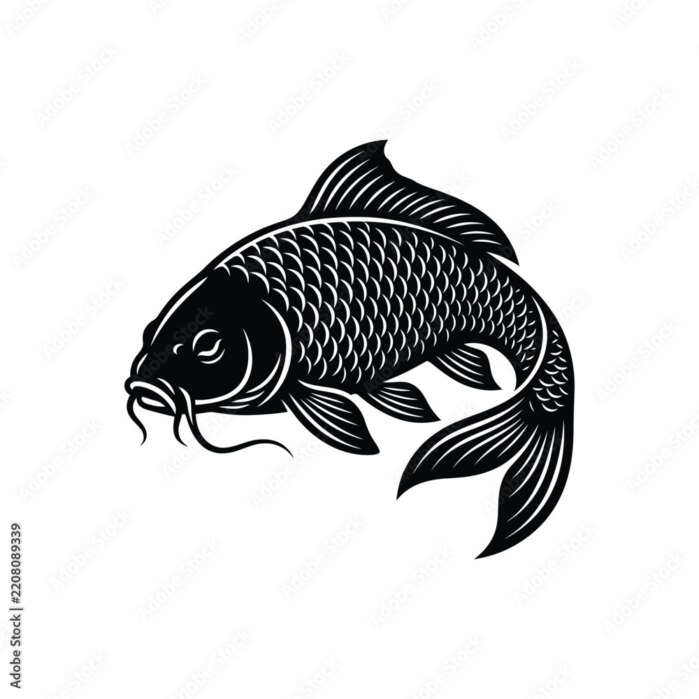 Fototapeta premium Black and white illustration of a swimming koi fish with detailed scales and flowing fins