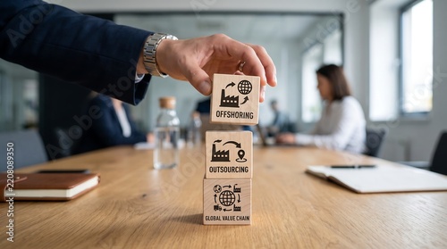 Businessman building a tower with wooden blocks representing global business concepts like offshoring outsourcing and global value chain