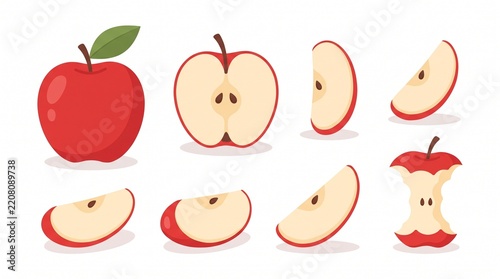 Apples are displayed in various states including whole fruit, slices, and a core on white background
