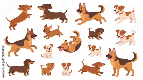 Dogs of various breeds and sizes in playful activities collection set