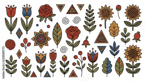 Flowers and geometric shapes form a decorative pattern set white background