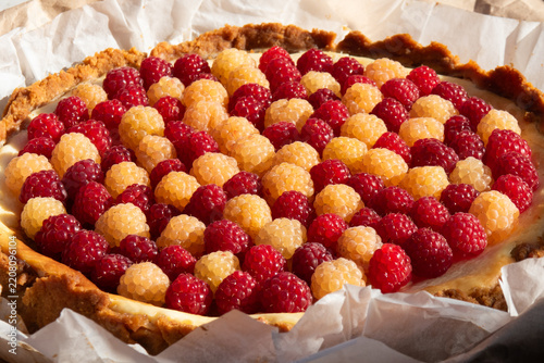 Homemade sweet raspberry cheesecake pie