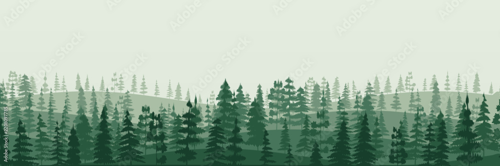 Obraz premium Forest fir trees silhouette horizontal background, layered coniferous spruce woodland panorama with natural depth, green tonal atmosphere and clean vector landscape.