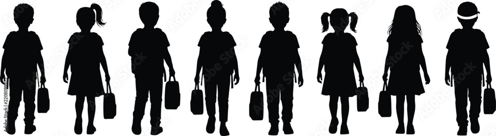 Obraz premium Black silhouettes of eight school children standing in a row, each holding a school bag or backpack, isolated on a white background