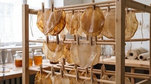 Translucent Kombucha Cellulose Sheets Hanging on a Drying Rack