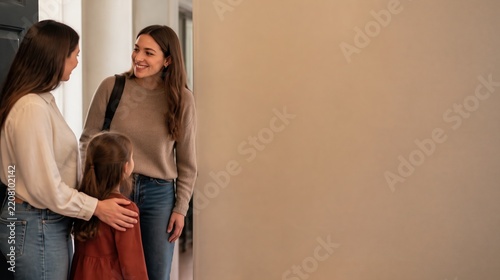 Happy Mother Welcoming Professional Babysitter and Daughter at Home