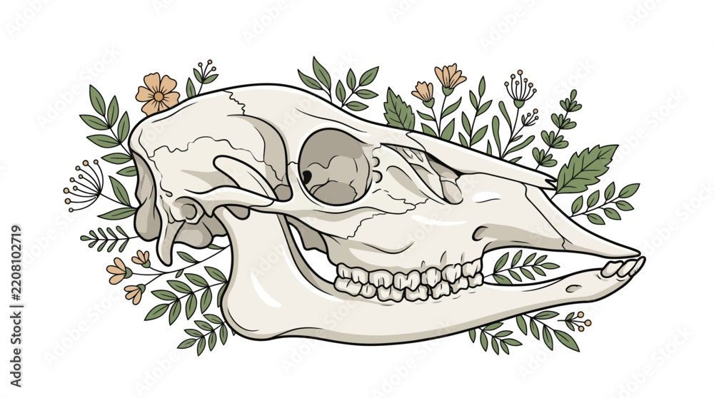 Obraz premium Side View Vector Illustration of an Animal Skull Surrounded by Wildflowers and Botanical Leaves, Hand-Drawn Style Deer or Sheep Bone Anatomy, Earth Tones Nature Graphic.