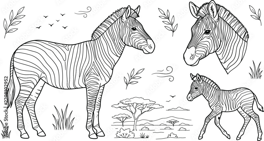 Obraz premium African Zebra Wildlife Safari Vector Set with Foal Landscape and Tree Symbols