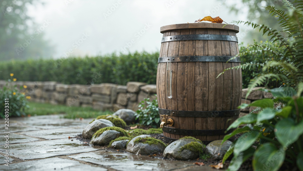 Obraz premium Rainwater collection barrel system in garden with natural stone and greenery during overcast weather