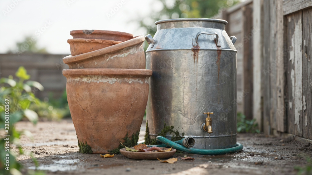 Obraz premium Rustic metal water container and terracotta pot placed outdoors near garden area with hose connection