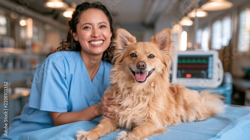 A smiling veterinarian in scrubs poses with a happy, fluffy dog on an exam table in a bright veterinary clinic.
