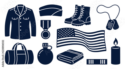 Military uniform, boots, flag, dog tags, medal, cap, and various patriotic symbols represent service, honor, and remembrance for veterans.