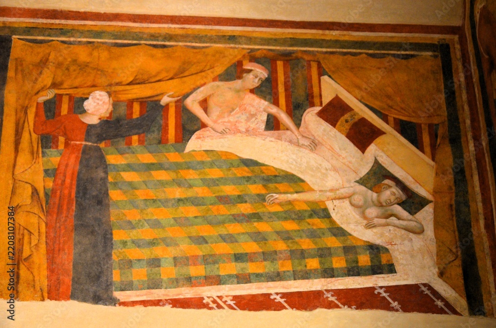 Obraz premium San Gimignano, Italy 03.04.2020: Memmo di Filippuccio - Profane love scenes- The spouses retired to bed