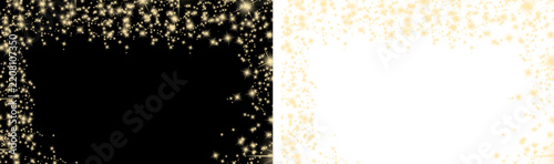 Elegant gold sparkle frame with glowing stars and distressed glitter border, decorative rectangular frame element, transparent background PNG