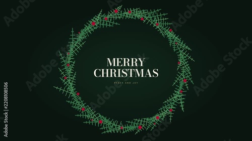 Animated Christmas Wreath Forming with Pine Needles and Red Berries with Merry Christmas Text