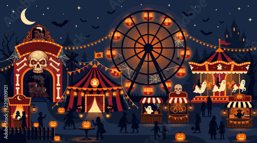 Halloween Night Carnival Fair Scene Flat Vector Illustration