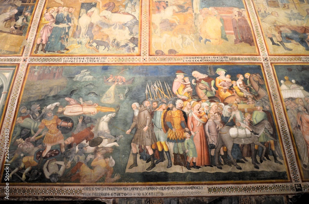 Fototapeta premium San Gimignano, Italy 03.04.2020: Bartolo di Fredi, Crossing of the Red Sea and Pharaoh with his drowned army