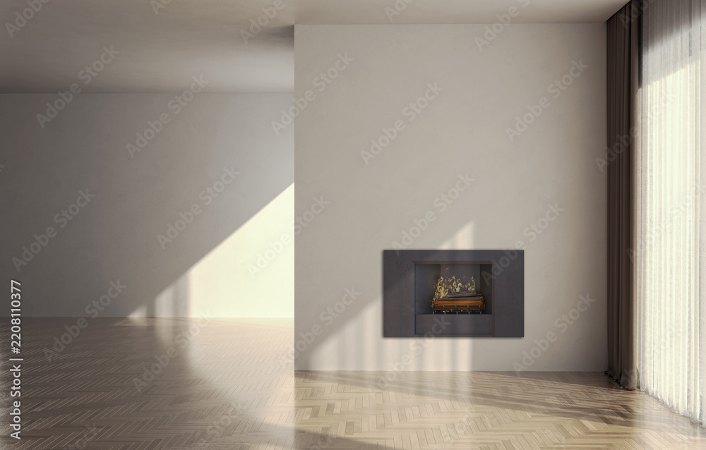Fototapeta premium Modern bright living room lounge interior with fire place 3D rendering illustration