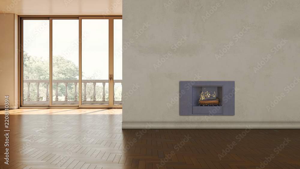 Fototapeta premium Modern bright living room lounge interior with fire place 3D rendering illustration