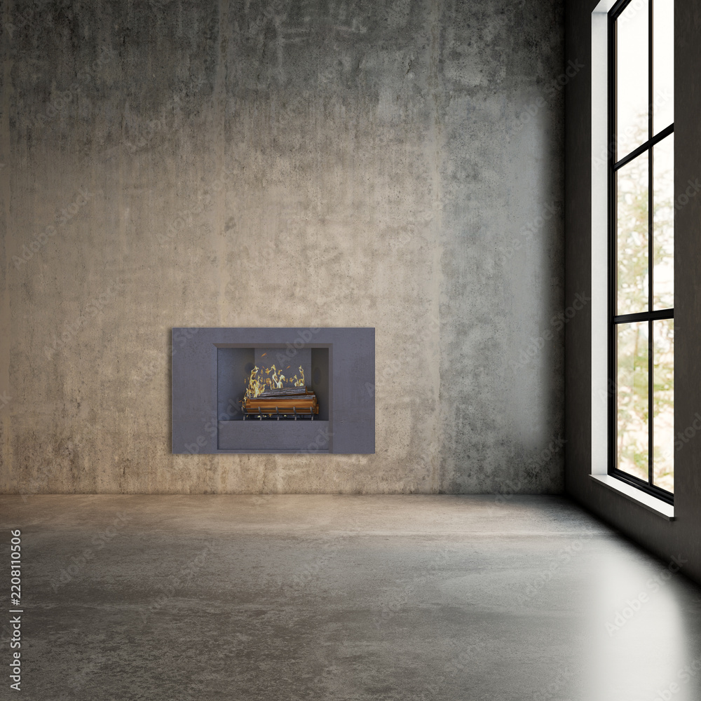 Fototapeta premium Modern bright living room lounge interior with fire place 3D rendering illustration
