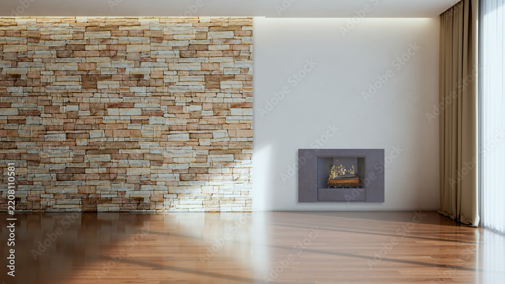 Fototapeta premium Modern bright living room lounge interior with fire place 3D rendering illustration