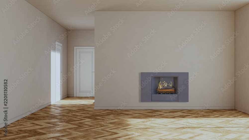 Fototapeta premium Modern bright living room lounge interior with fire place 3D rendering illustration