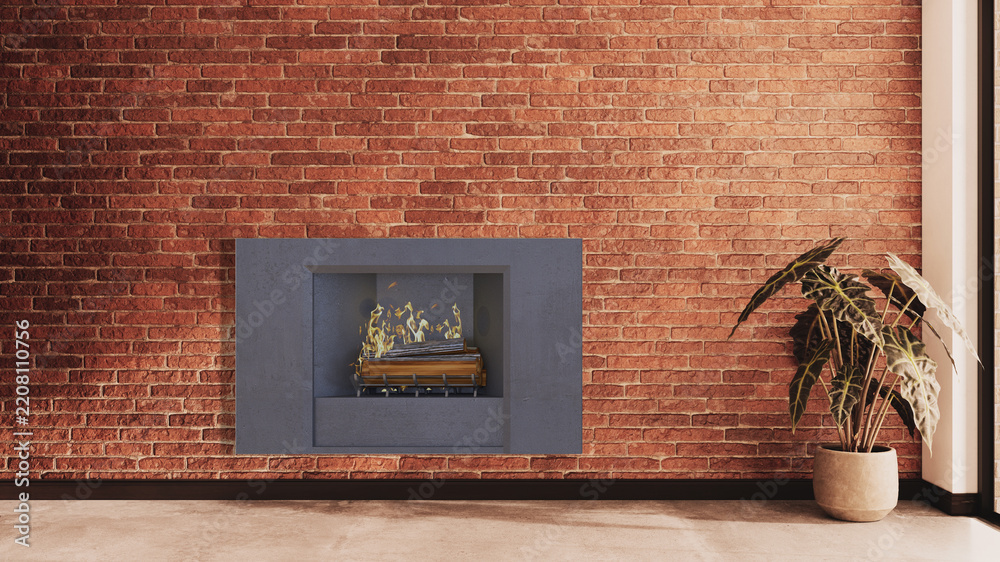 Fototapeta premium Modern bright living room lounge interior with fire place 3D rendering illustration